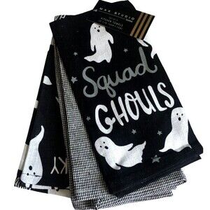 Max Studio Halloween Kitchen Dish Towels Squad Ghouls Black White Ghost Set of 3